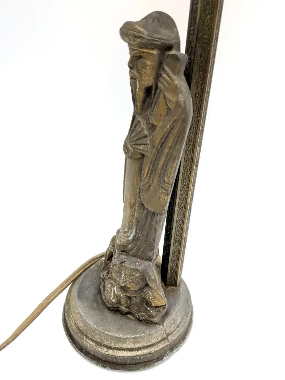 Antique VTG Figural Lamp Asian Man Spelter Statue Amber Glass Lamp 18
